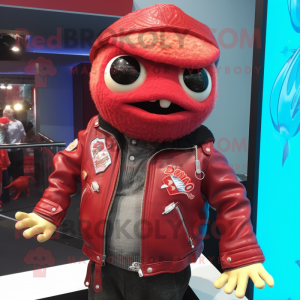 Red Ceviche mascot costume character dressed with a Leather Jacket and Necklaces