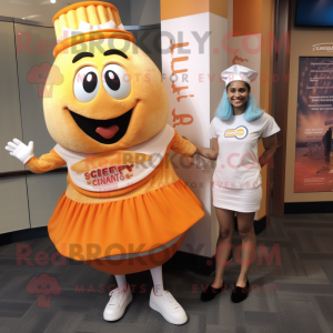 Orange Clam Chowder mascot costume character dressed with a Mini Skirt and Watches