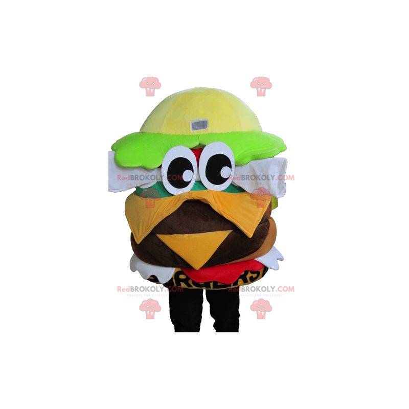 Mascot hamburguesa gigante muy colorida con ojos grandes -