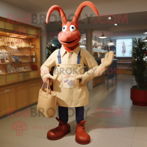 Cream Lobster Bisque mascot costume character dressed with a Oxford Shirt and Tote bags