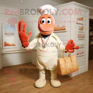 Cream Lobster Bisque mascot costume character dressed with a Oxford Shirt and Tote bags