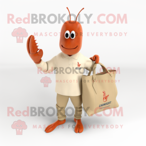 Cream Lobster Bisque mascot costume character dressed with a Oxford Shirt and Tote bags