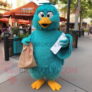 Teal Chicken Parmesan mascot costume character dressed with a Cover-up and Tote bags