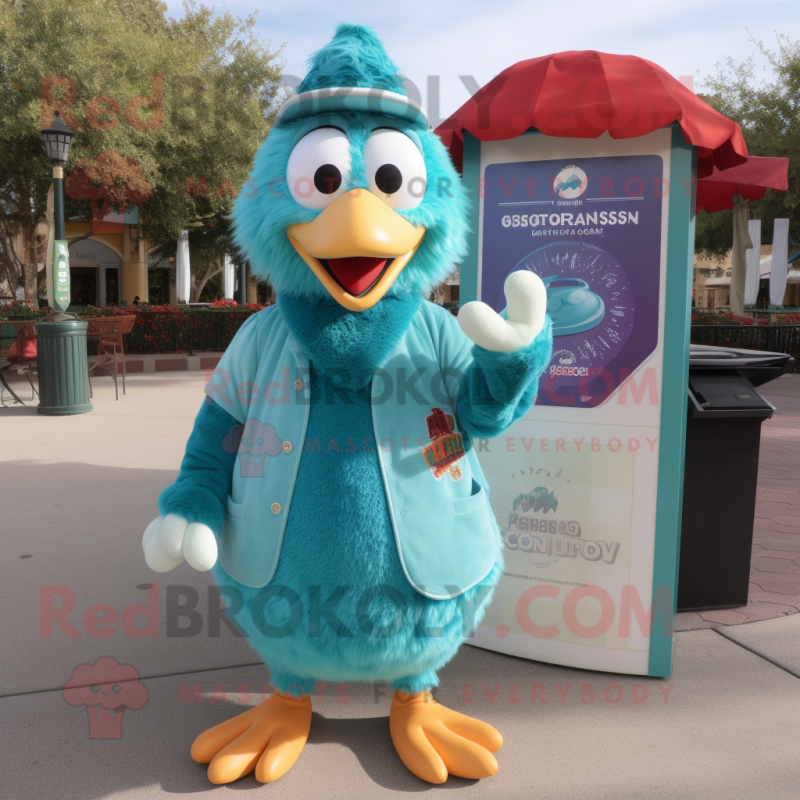 Teal Chicken Parmesan mascot costume character dressed with a Cover-up and Tote bags