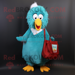 Teal Chicken Parmesan mascot costume character dressed with a Cover-up and Tote bags