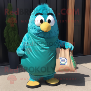 Teal Chicken Parmesan mascot costume character dressed with a Cover-up and Tote bags