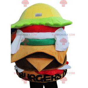 Hamburger gigante mascotte molto colorato con grandi occhi -