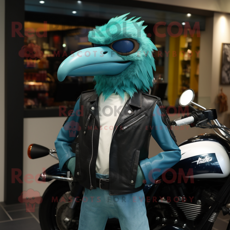 Turquoise Archeopteryx mascot costume character dressed with a Biker Jacket and Shawl pins Turquoise Archeopteryx mascot costume character dressed with a Biker Jacket and Shawl pins