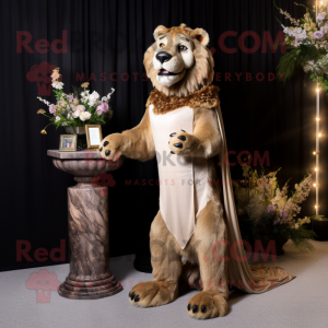 Tan Smilodon mascot costume character dressed with a Evening Gown and Brooches