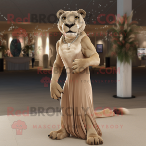 Tan Smilodon mascot costume character dressed with a Evening Gown and Brooches