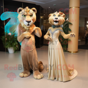 Tan Smilodon mascot costume character dressed with a Evening Gown and Brooches