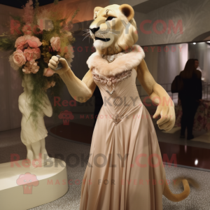 Tan Smilodon mascot costume character dressed with a Evening Gown and Brooches