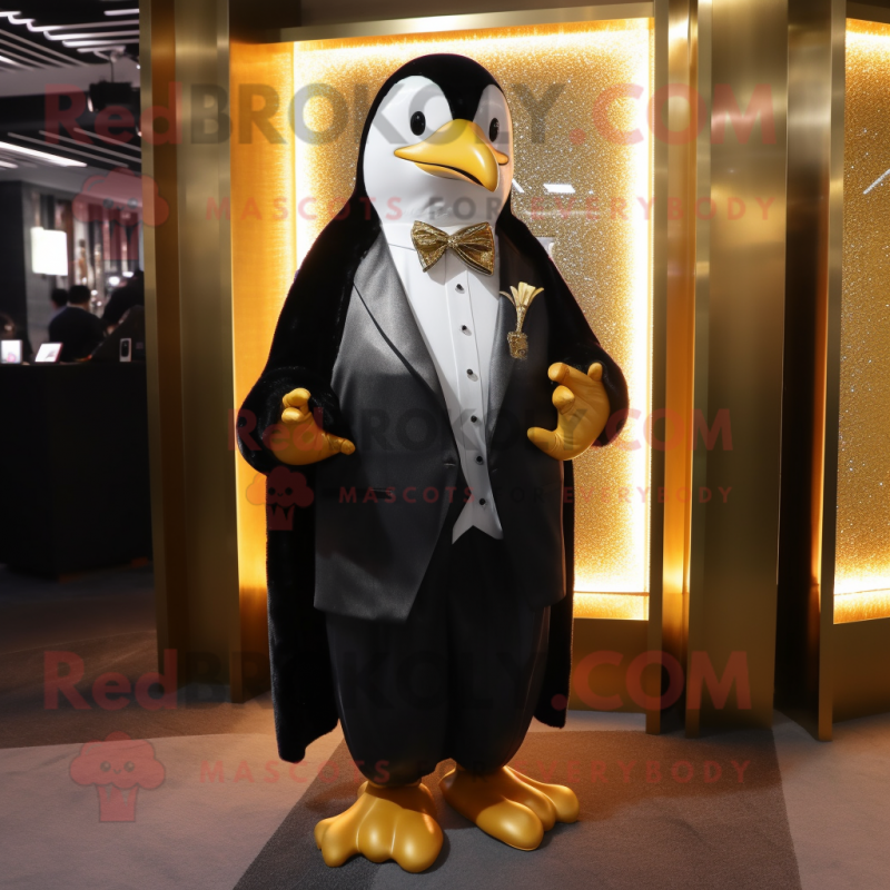 Gold Penguin mascot costume character dressed with a Suit Jacket and Shawl pins