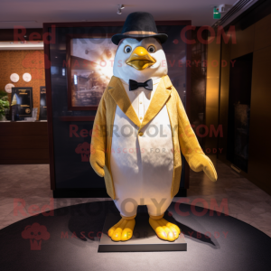 Gold Penguin mascot costume character dressed with a Suit Jacket and Shawl pins