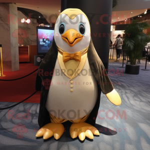 Gold Penguin mascot costume character dressed with a Suit Jacket and Shawl pins