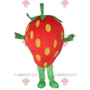 Mascote gigante morango vermelho amarelo e verde -