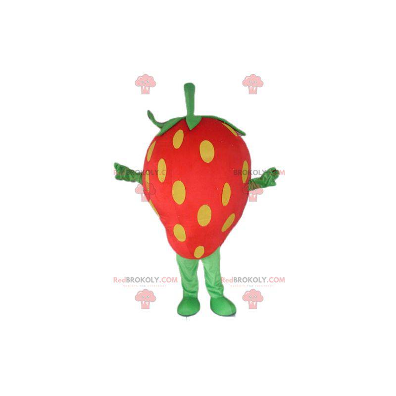 Mascotte de fraise géante rouge jaune et verte - Redbrokoly.com