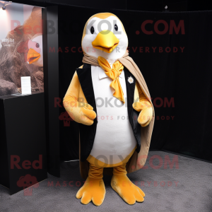 Gold Penguin mascot costume character dressed with a Suit Jacket and Shawl pins