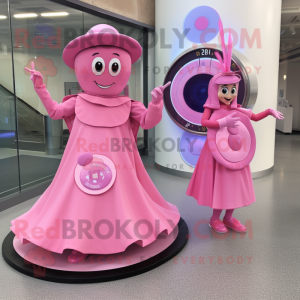 Pink Plate Spinner mascot costume character dressed with a Midi Dress and Foot pads