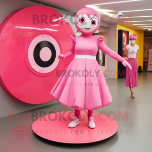 Pink Plate Spinner mascot costume character dressed with a Midi Dress and Foot pads