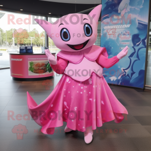 Pink Manta Ray mascot costume character dressed with a Dress and Coin purses