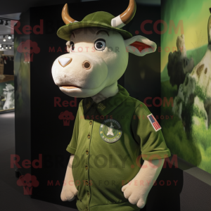 Forest Green Jersey Cow mascot costume character dressed with a Henley Tee and Berets