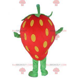 Mascote gigante morango vermelho amarelo e verde -