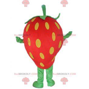 Mascote gigante morango vermelho amarelo e verde -