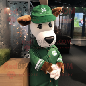 Forest Green Jersey Cow mascot costume character dressed with a Henley Tee and Berets