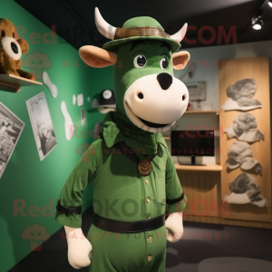 Forest Green Jersey Cow mascot costume character dressed with a Henley Tee and Berets
