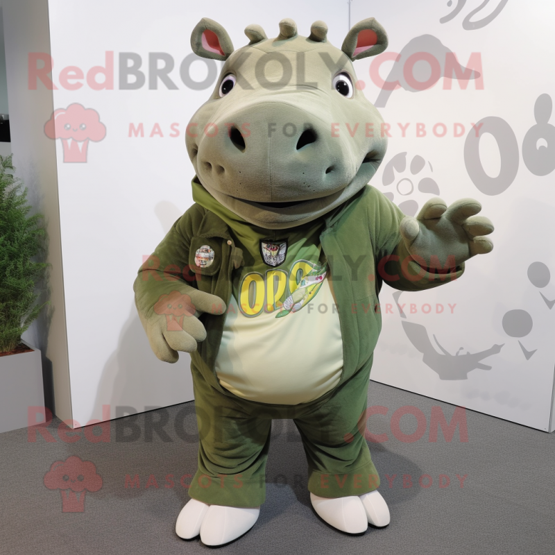 Olive Rhinoceros mascot costume character dressed with a Skinny Jeans and Rings Olive Rhinoceros mascot costume character dressed with a Skinny Jeans and Rings