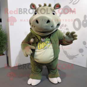 Olive Rhinoceros mascot costume character dressed with a Skinny Jeans and Rings