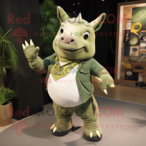 Olive Rhinoceros mascot costume character dressed with a Skinny Jeans and Rings