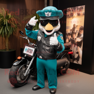 Teal Air Force Soldier mascot costume character dressed with a Biker Jacket and Sunglasses