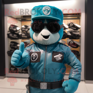 Teal Air Force Soldier mascot costume character dressed with a Biker Jacket and Sunglasses