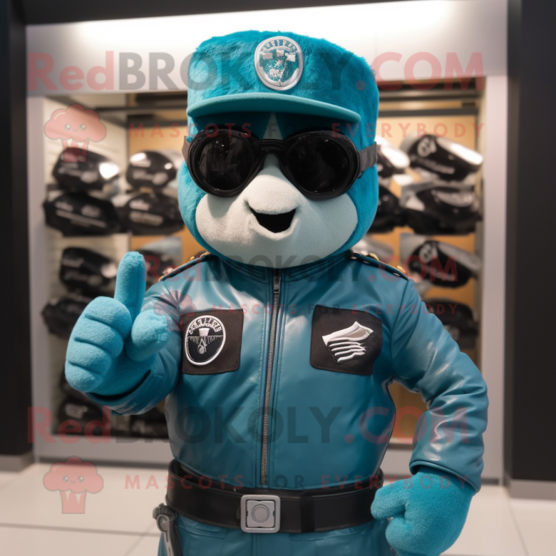 Teal Air Force Soldier mascot costume character dressed with a Biker Jacket and Sunglasses