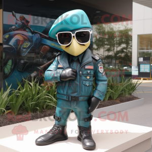 Teal Air Force Soldier mascot costume character dressed with a Biker Jacket and Sunglasses