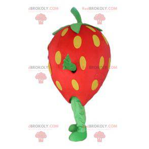 Mascote gigante morango vermelho amarelo e verde -