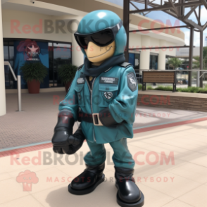 Teal Air Force Soldier mascot costume character dressed with a Biker Jacket and Sunglasses