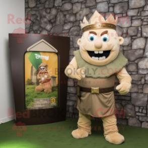 Tan Irish Castle mascot costume character dressed with a T-Shirt and Watches