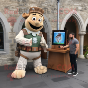 Tan Irish Castle mascot costume character dressed with a T-Shirt and Watches