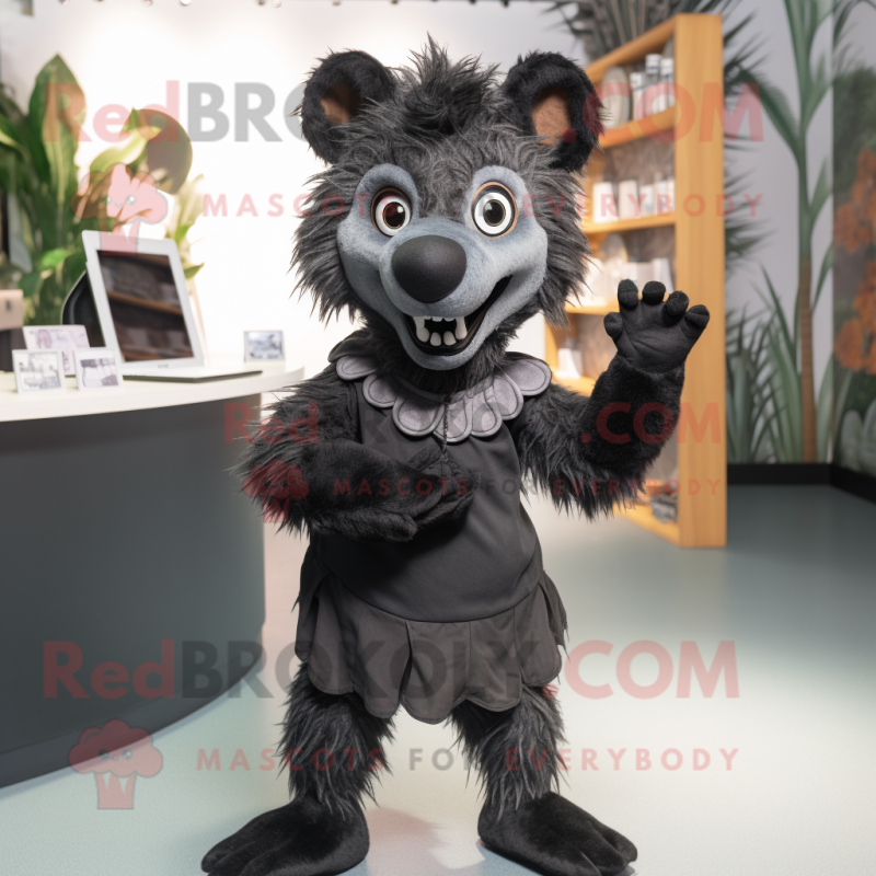 Black Hyena mascot costume character dressed with a Culottes and Cummerbunds Black Hyena mascot costume character dressed with a Culottes and Cummerbunds