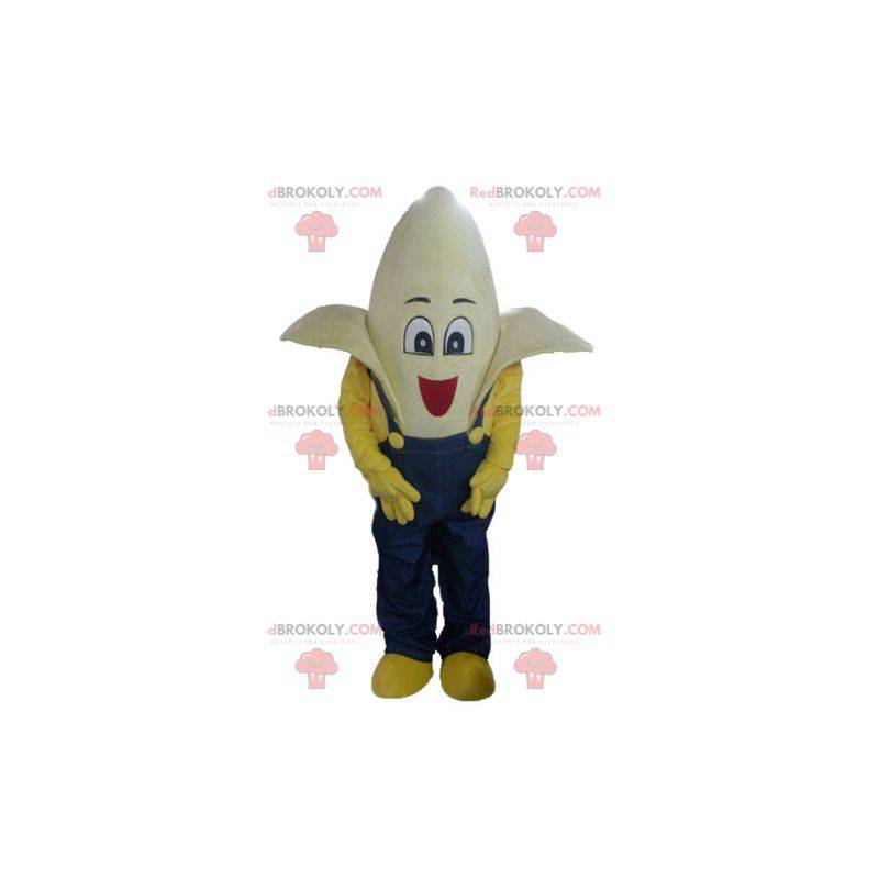 Mascote gigante banana vestido com macacão azul - Redbrokoly.com