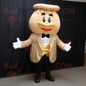 Beige Hamburger mascot costume character dressed with a Suit Jacket and Bow ties