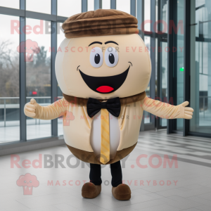 Beige Hamburger mascot costume character dressed with a Suit Jacket and Bow ties