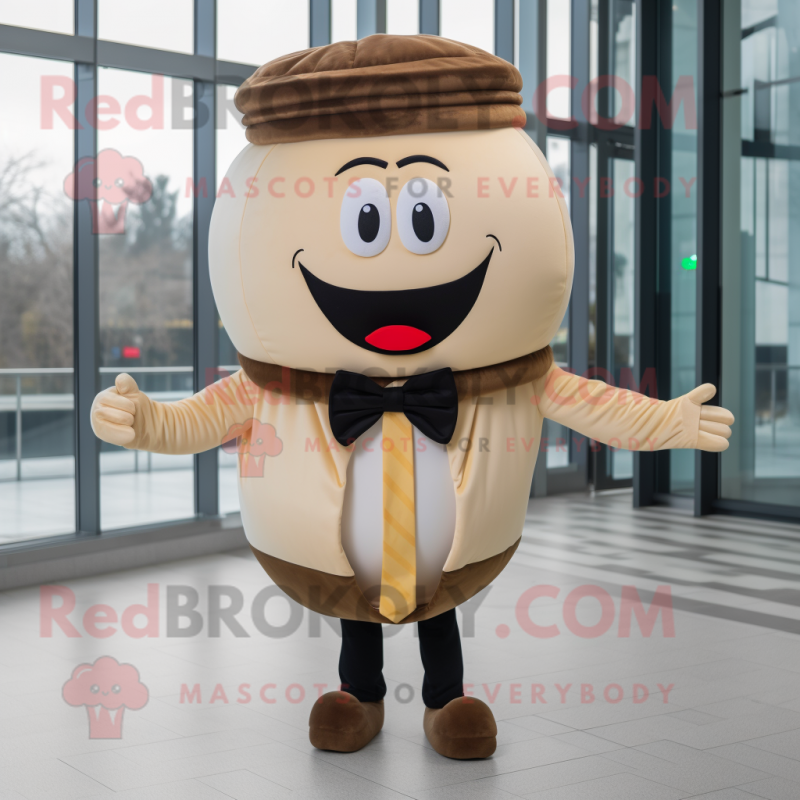 Beige Hamburger mascot costume character dressed with a Suit Jacket and Bow ties Beige Hamburger mascot costume character dressed with a Suit Jacket and Bow ties