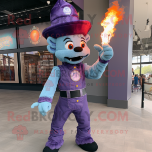 Lavender Fire Eater mascot costume character dressed with a Bootcut Jeans and Suspenders