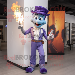 Lavender Fire Eater mascot costume character dressed with a Bootcut Jeans and Suspenders