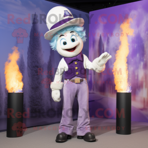 Lavender Fire Eater mascot costume character dressed with a Bootcut Jeans and Suspenders