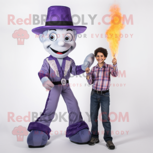 Lavender Fire Eater mascot costume character dressed with a Bootcut Jeans and Suspenders